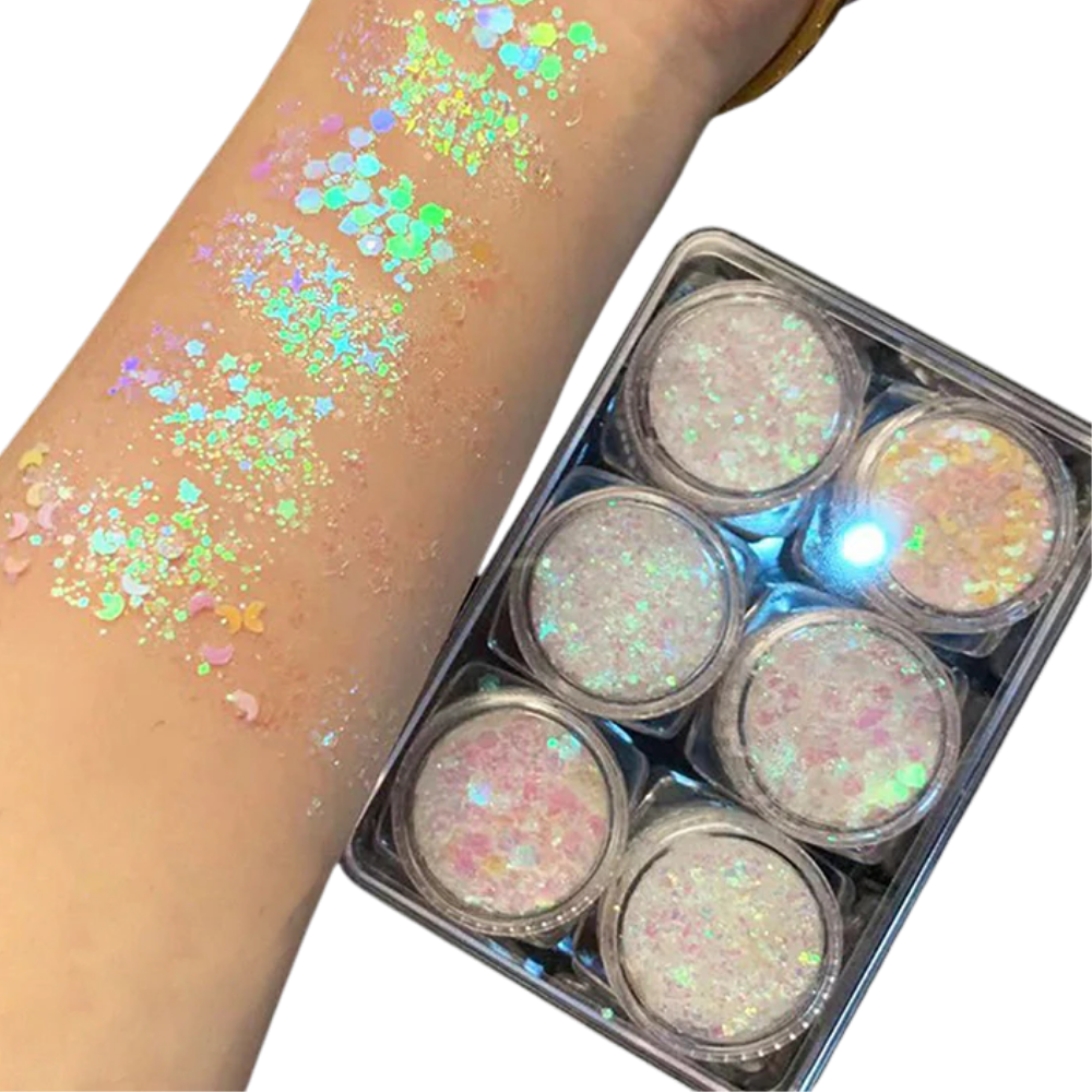 Conjunto de paillettes para rosto e corpo da marca Nyxberryt, com brilho e cores variadas, ideal para maquiagem e decoração corporal.