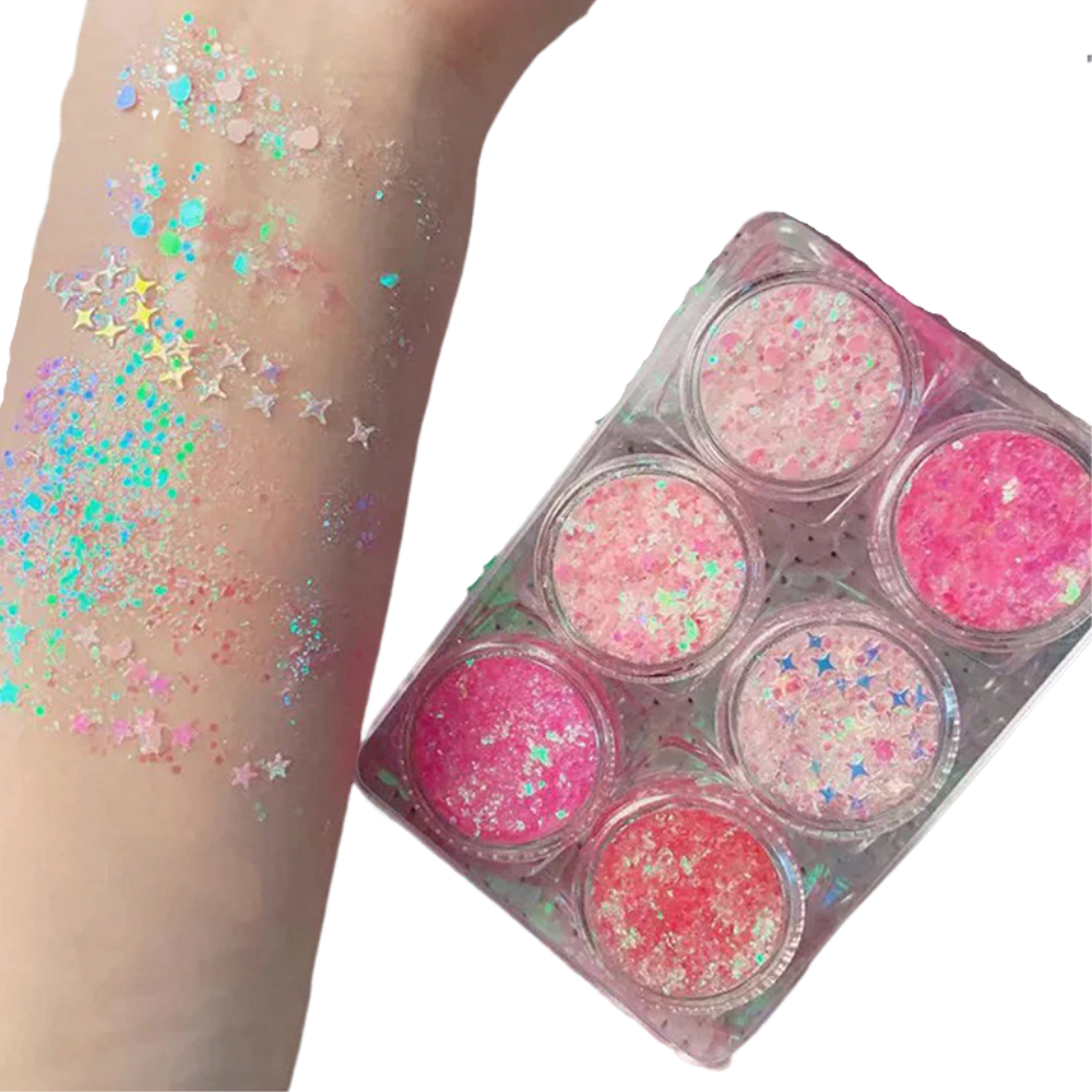 Set de paillettes Nyxberryt para rosto e corpo, brilho cintilante, cosméticos com estrelas douradas e prateadas.