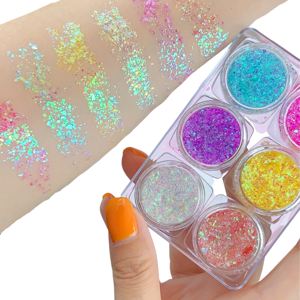 Conjunto de paillettes para rosto e corpo da Nyxberryt, com brilho dourado e prateado, ideal para maquiagem e festas.