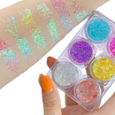 Conjunto de paillettes para rosto e corpo da Nyxberryt, com brilho dourado e prateado, ideal para maquiagem e festas.