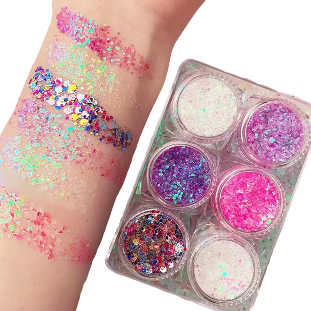 Conjunto de paillettes para rosto e corpo da marca Nyxberryt, com brilho brilhante e embalagem colorida.