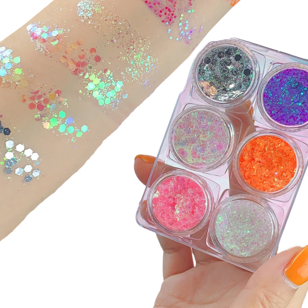 Conjunto de paillettes para rosto e corpo da Nyxberryt, brilho dourado e prateado, ideal para maquiagem e decoração corporal.