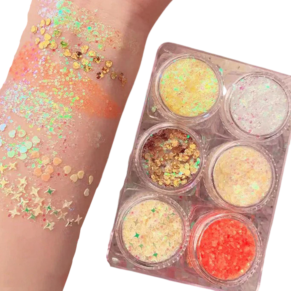 Conjunto de paillettes para rosto e corpo da marca Nyxberryt, com brilho dourado e prata, ideal para maquiagem e festas.