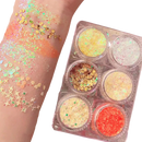 Conjunto de paillettes para rosto e corpo da marca Nyxberryt, com brilho dourado e prata, ideal para maquiagem e festas.