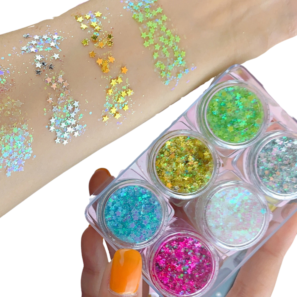 Conjunto de paillettes para rosto e corpo da marca Nyxberryt, com brilho e glitter para maquiagem e festas.