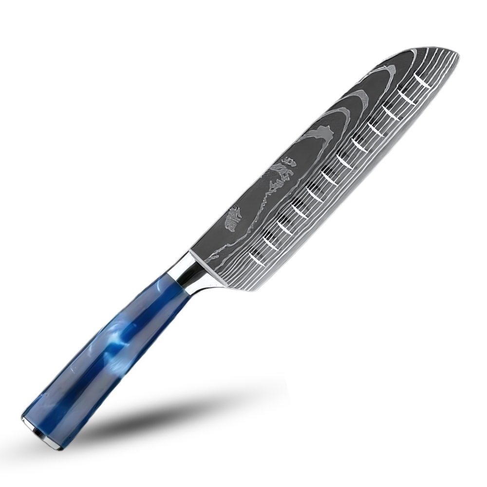 Faca japonesa azul Atlântico Turwho, utensílio de cozinha com lâmina azul, destaque na imagem.|