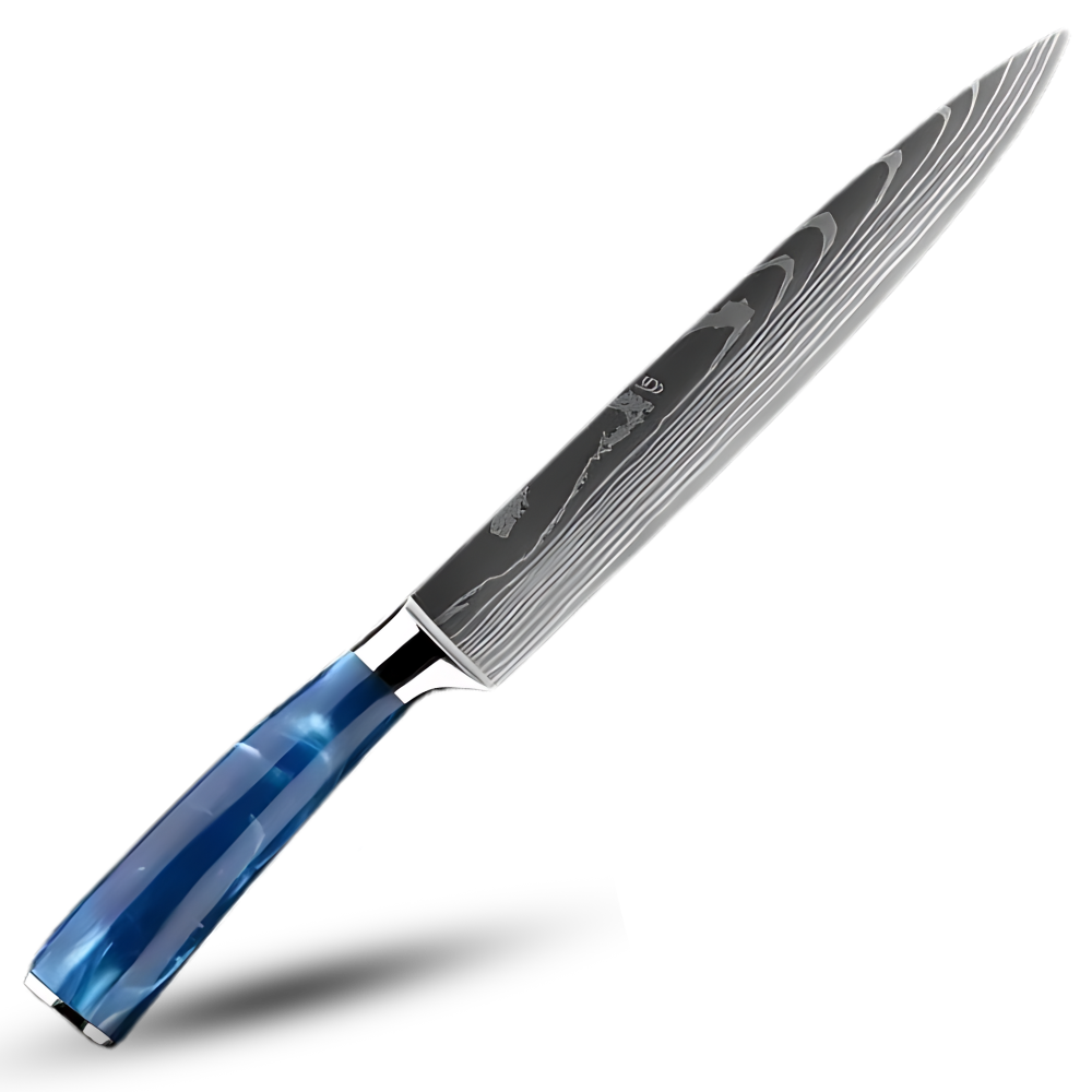 Faca japonesa azul Atlântico da Turwho, lâmina grande para cortes precisos em utensílios de cozinha.