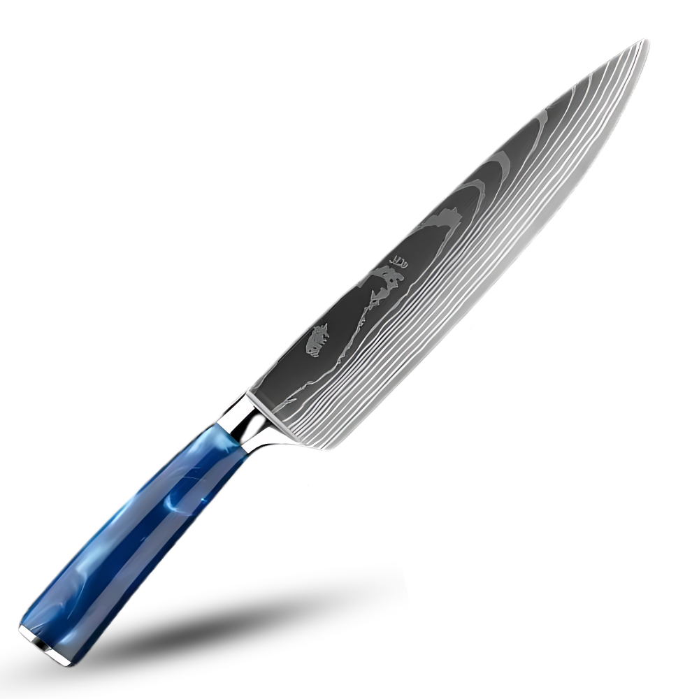 Faca japonesa azul Atlântico da Turwho, utensílio de cozinha com lâmina afiada e design elegante para chefs e cozinheiros.