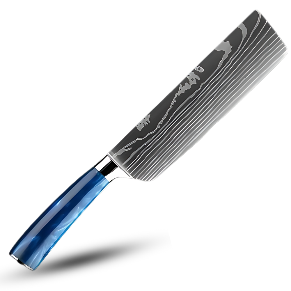Faca japonesa azul Atlantique Turwho, utensílios de cozinha com lâmina afiada e design elegante em tom azul oceano.