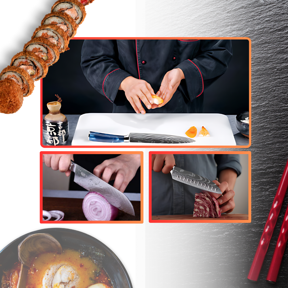 Faca japonesa azul Atlantique da Turwho, utensílio de cozinha com lâmina afiada e design elegante.