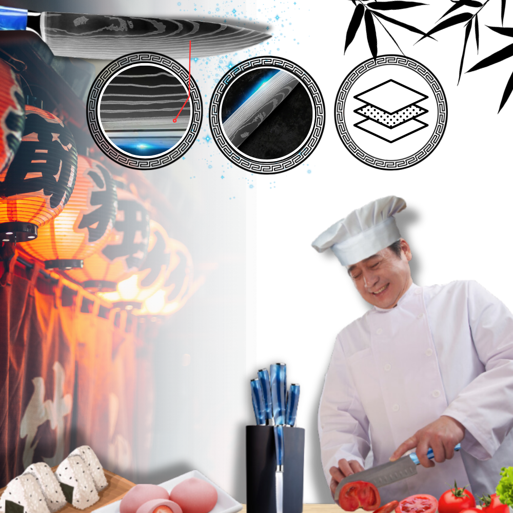 Facas japonesas Azul Atlântico da Turwho, lâminhas afiadas e elegantes, utensílios de cozinha de alta qualidade.