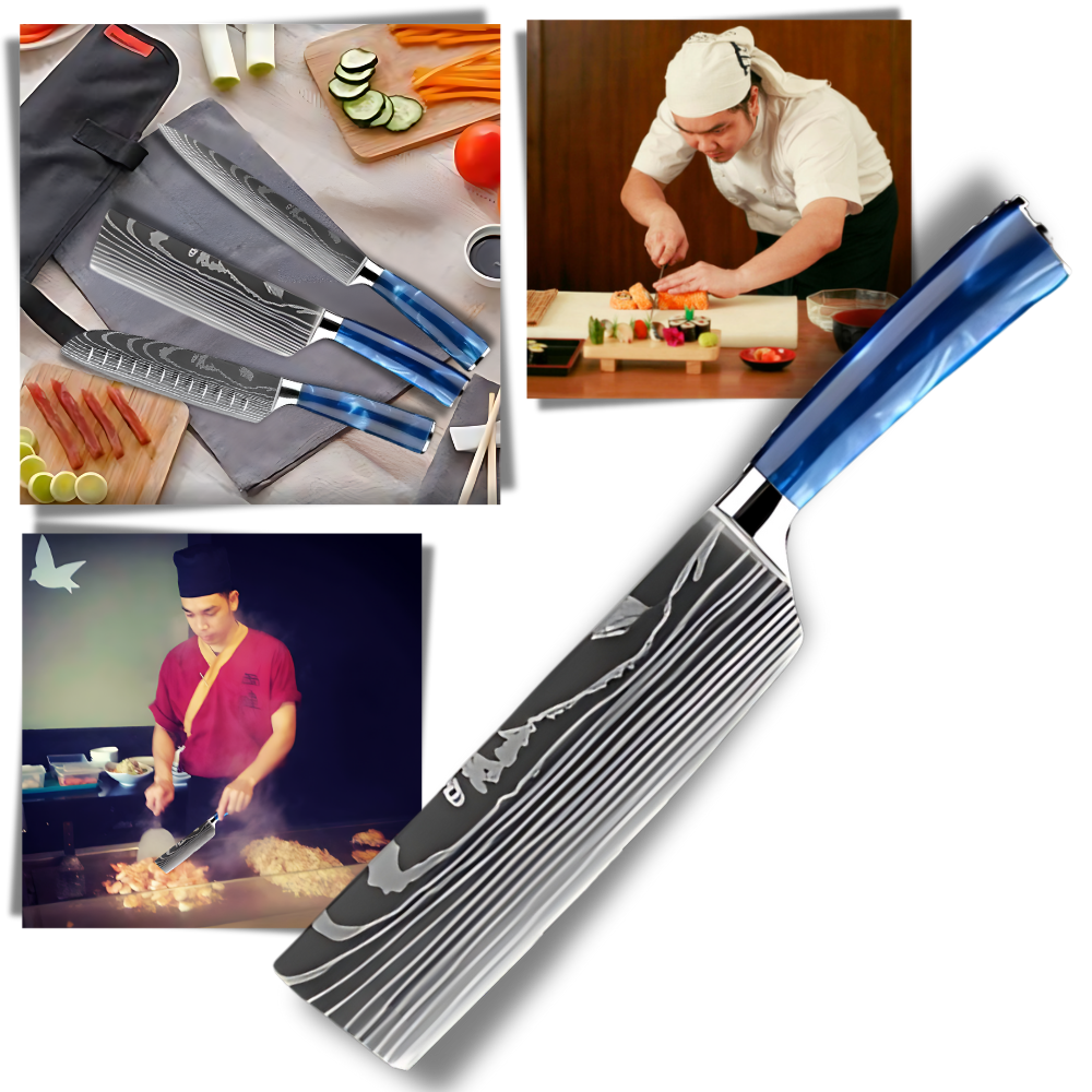 Faca japonesa Azul Atlântico da Turwho, utensílio de cozinha com lâmina azul e design elegante para preparação de alimentos.