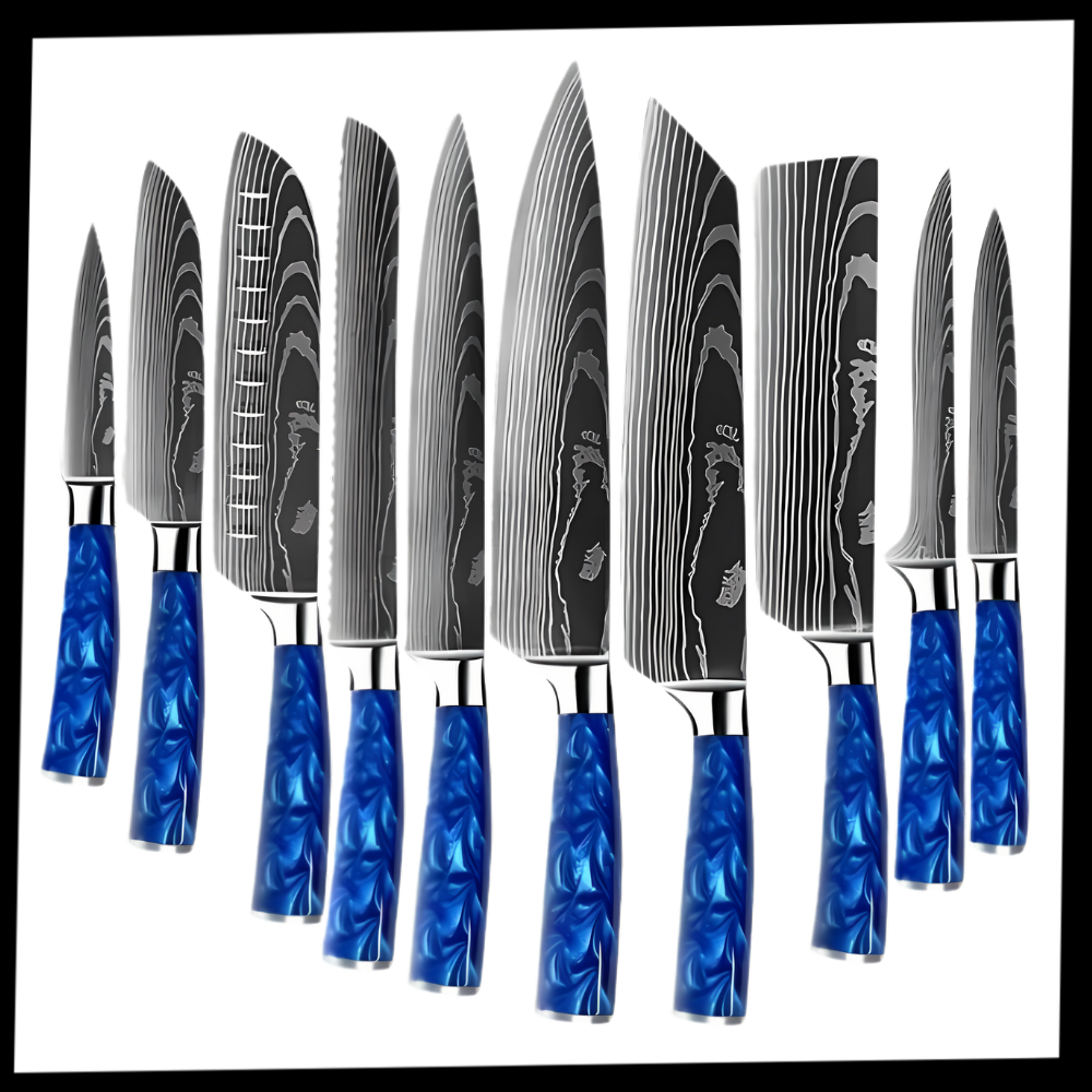Conjunto de facas japonesas Azul Atlântico da Turwho, utensílios de cozinha com lâminas afiadas e design elegante.