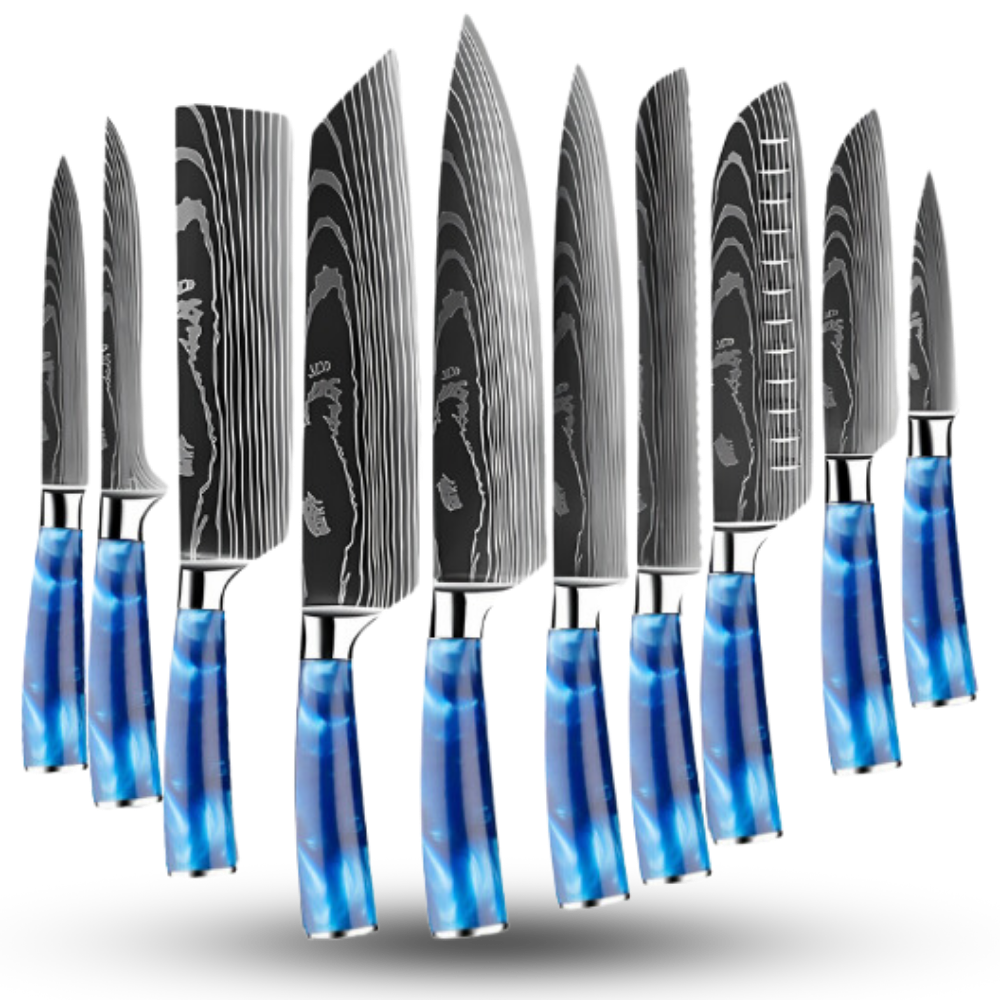 Conjunto de 10 facas japonesas Azul Atlântico da Turwho, utensílios de cozinha com lâminas afiadas e cabos ergonômicos.