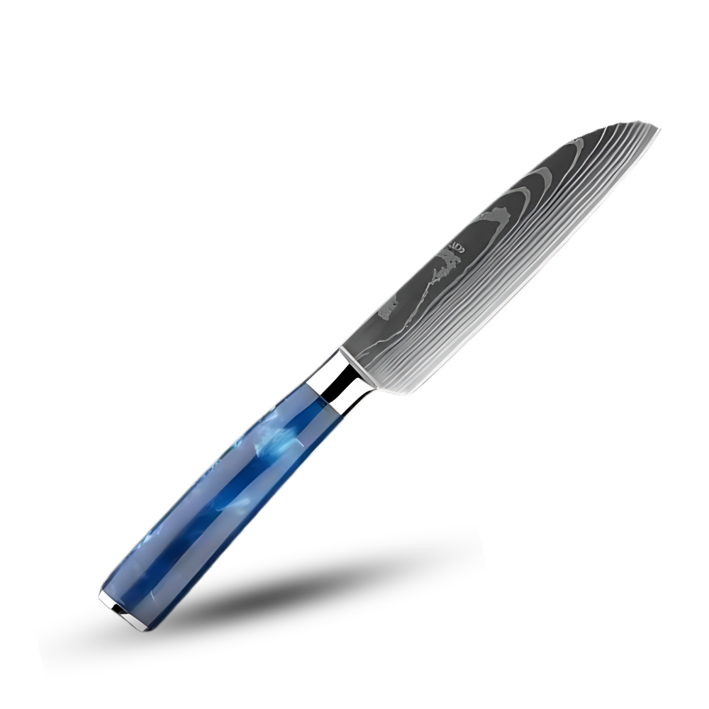 Faca japonesa azul Atlantic da Turwho, utensílio de cozinha com lâmina pequena, destaque para acabamento azul oceano.