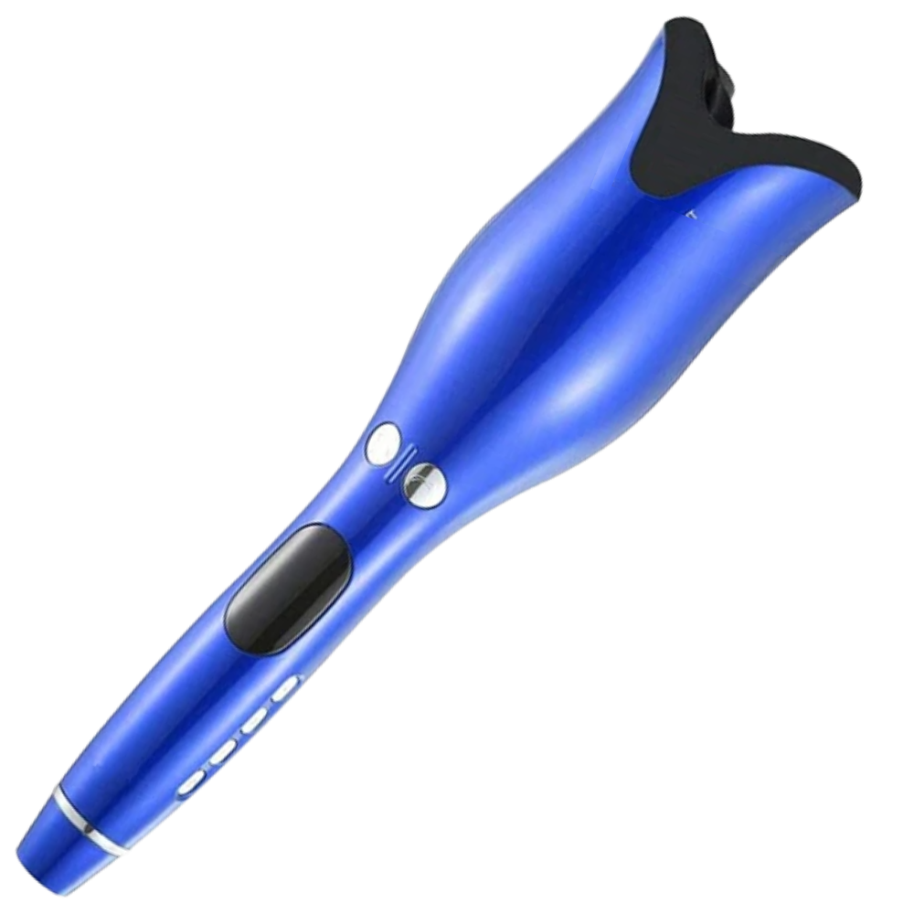 Fer à boucler automático Odomy para cuidado dos cabelos, cilindro azul e design moderno em imagem.