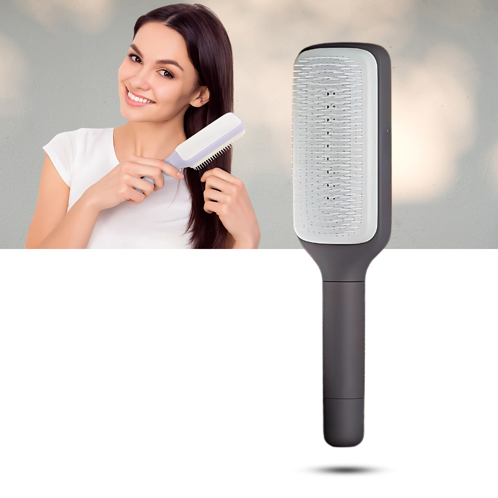 Escova de cabelo autolimpante Oenbopo para massagem do couro cabeludo, com design roxo e cerdas suaves para cuidado capilar.