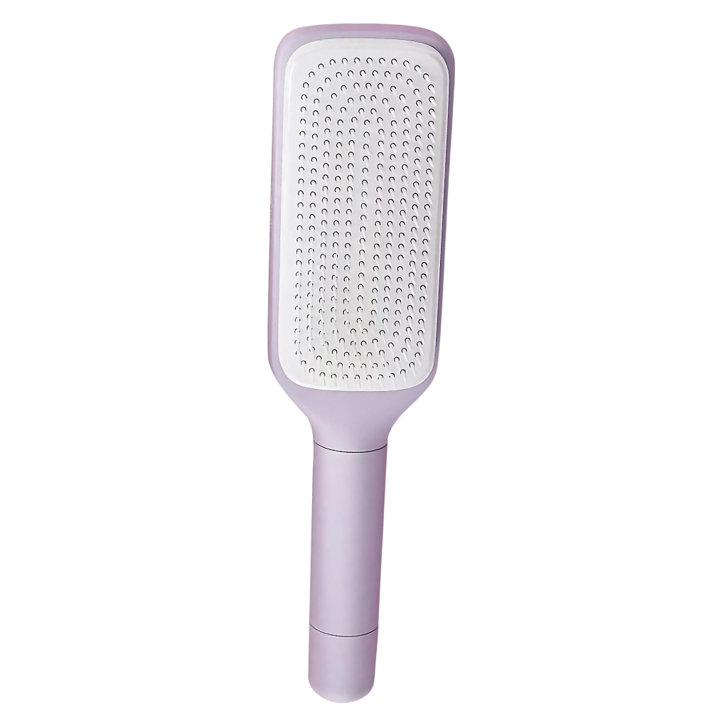 Escova de cabelo Oenbopo auto-limpante para massagem do couro cabeludo, com design roxo e cerdas para cuidado capilar.