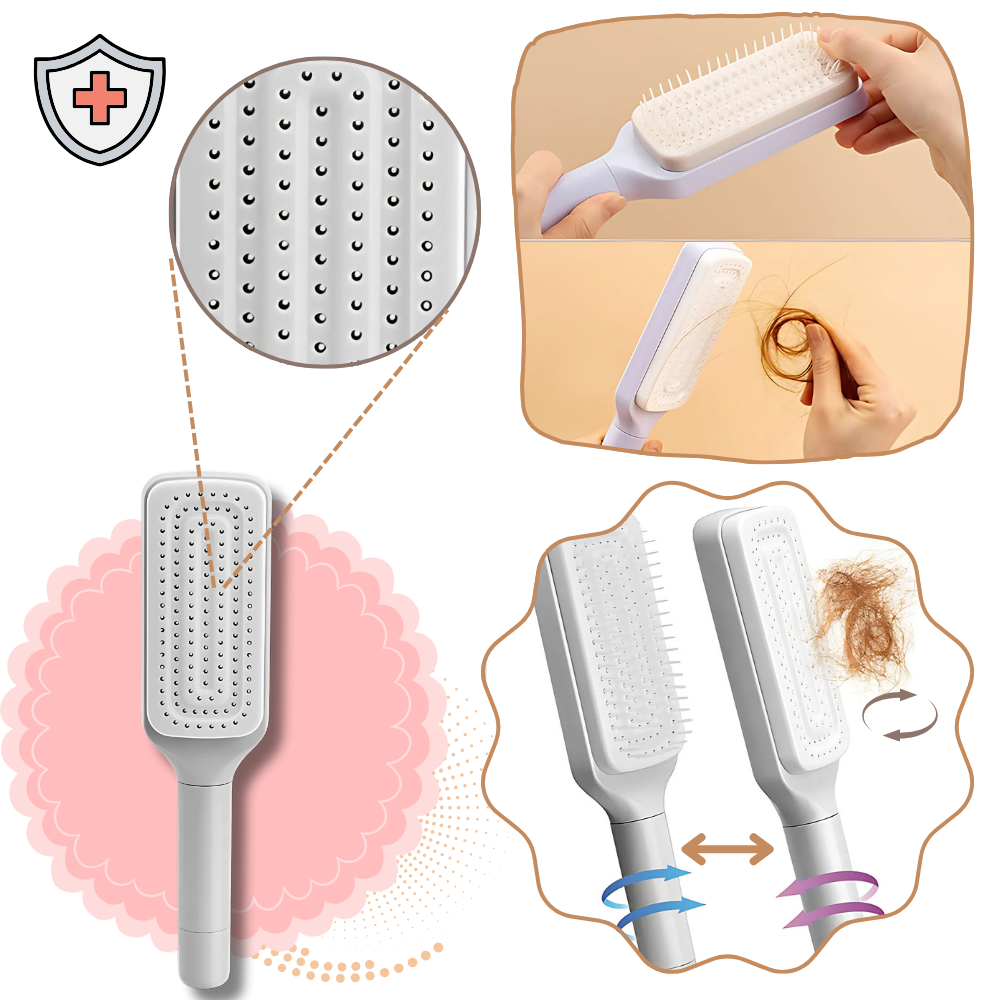 Escova de cabelo Oenbopo autolavável para massagem do couro cabeludo, com design violeta e cerdas para cuidado capilar.