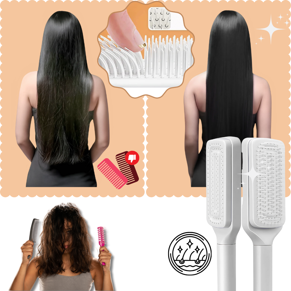 Escova de cabelo Oenbopo para cuidado capilar, autolimpante, com design violeta e função de massagear o couro cabeludo.