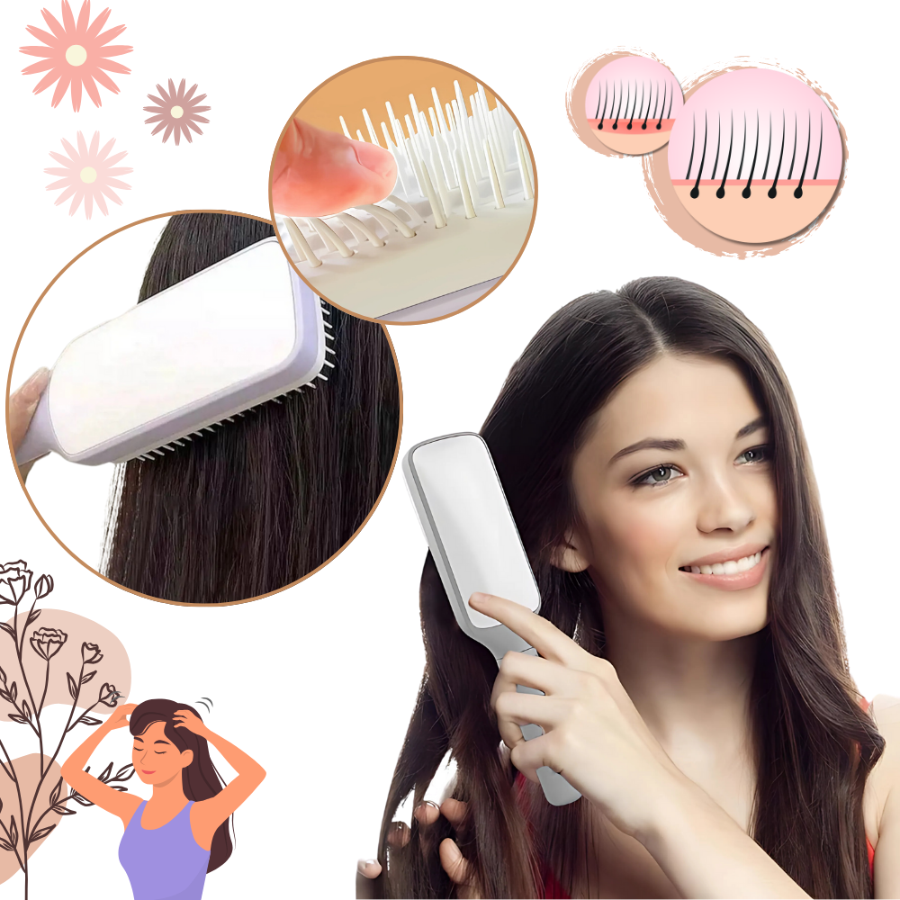 Escova de cabelo autolavável Oenbopo para cuidado capilar, com cerdas para massagem do couro cabeludo, na cor violeta.