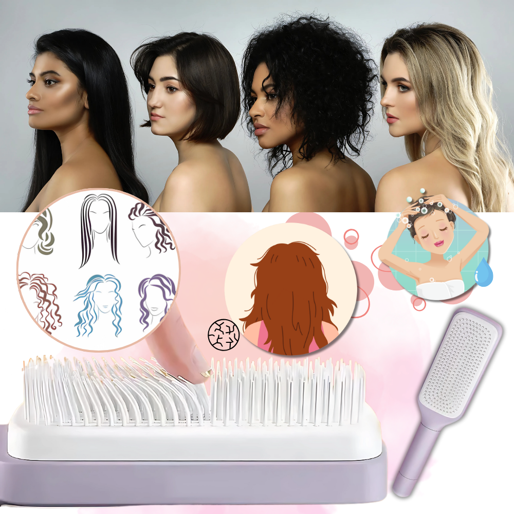 Escova de cabelo auto-limpeza Oenbopo para massagem do couro cabeludo, com design violeta e cerdas para cuidado capilar.