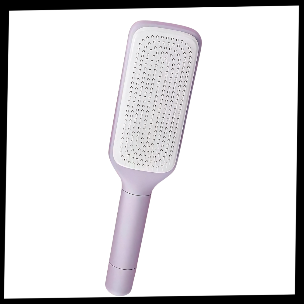 Escova de cabelo Oenbopo auto-limpante para massagem do couro cabeludo, com design violeta e funções de cuidado capilar.