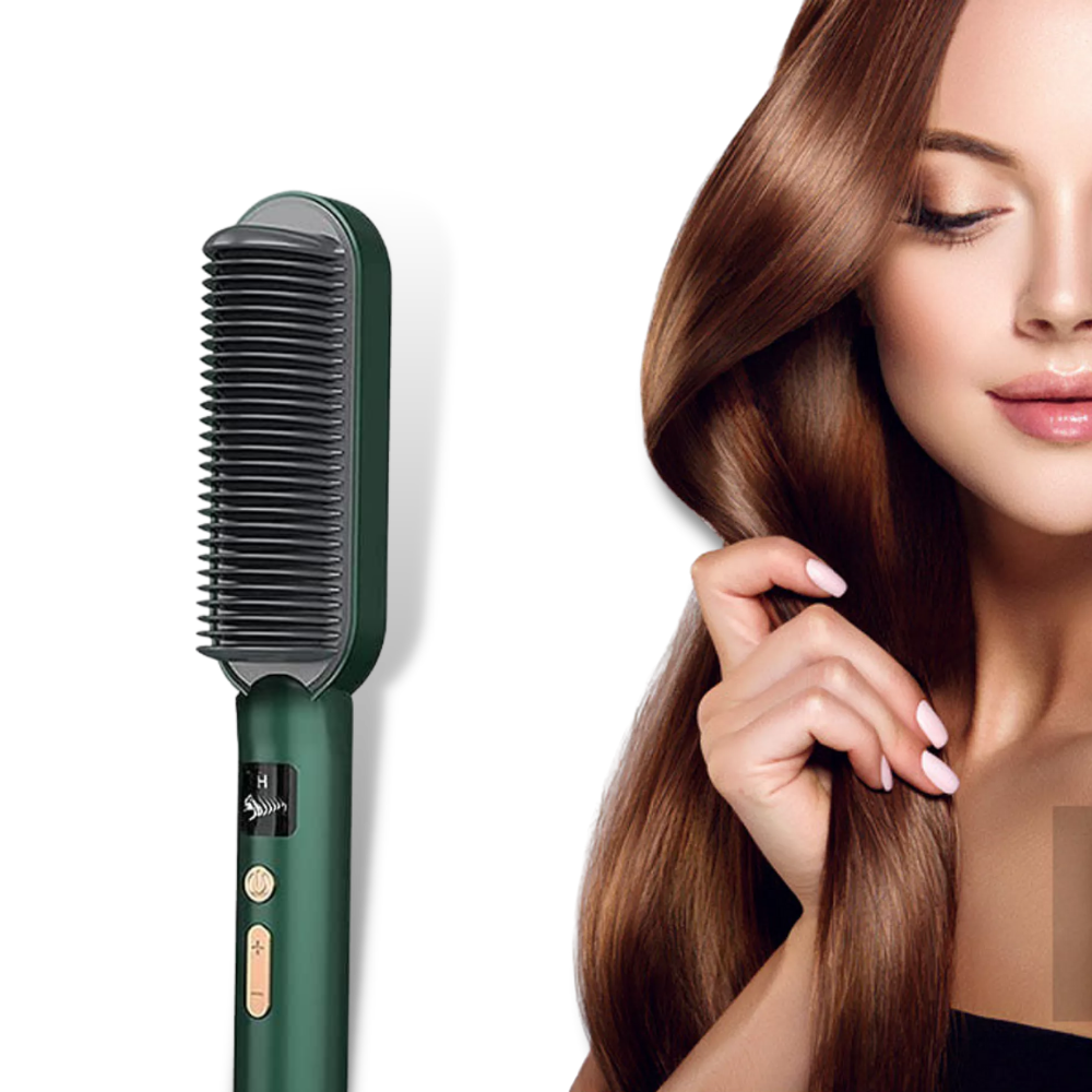 Escova lissante elétrica de cerâmica Onrp, ferramenta para alisar cabelos com design verde e tecnologia de cuidado capilar.