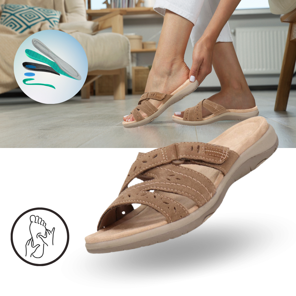 Sandálias com ponta aberta e sola ortopédica da marca Haipeixinli, calçado confortável para suporte e estilo casual.