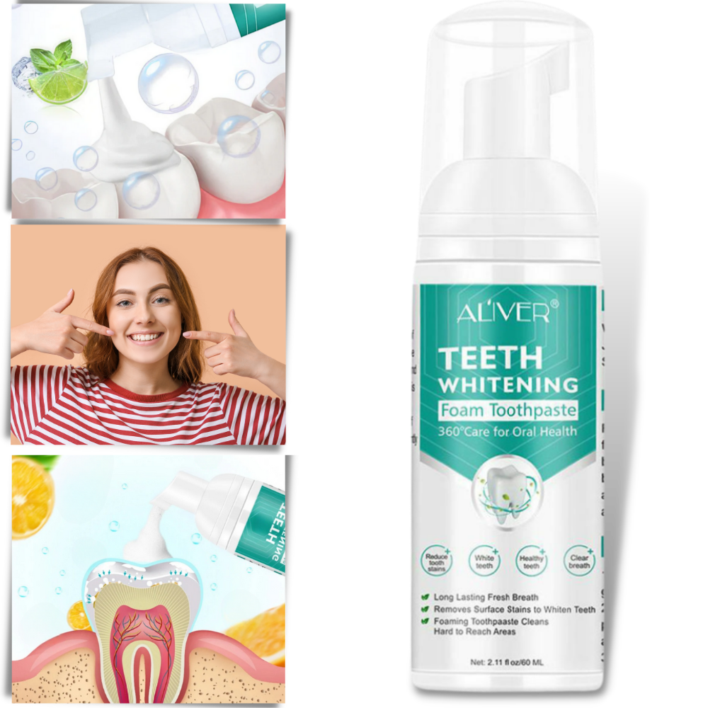 Espuma branqueadora para dentes da marca Ounabing, produto de cuidados bucais com embalagem branca e detalhes azuis.