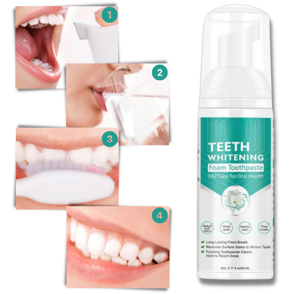Espuma blanchante para dentes da marca Ounabing, produto de cuidados bucais para branquear os dentes.