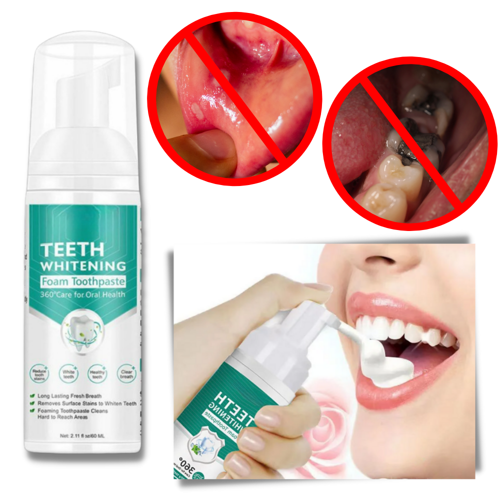 Espuma branqueadora para dentes da marca Ounabing, produto de cuidados bucais com embalagem branca e tubo.
