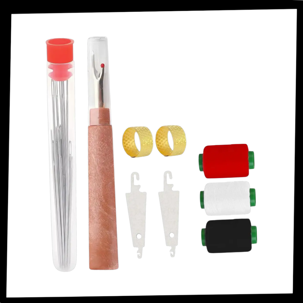 Kit de 31 agulhas de bordar com ponto grosso da marca Outus, ideal para artesanato e trabalhos manuais de costura.