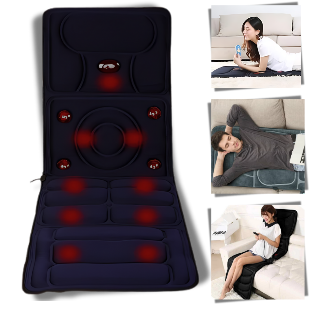 Tapete de massagem terapêutica Ozerty França para corpo inteiro, com superfície preta para relaxamento e alívio muscular.