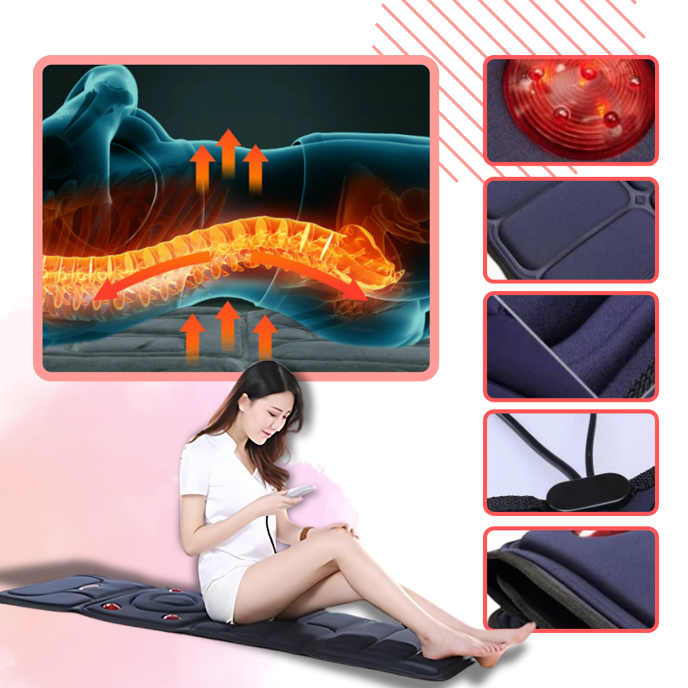 Este é um colchão de massagem thermoterapêutico da Ozerty France para relaxamento corporal, na cor preta, usado para massagens.