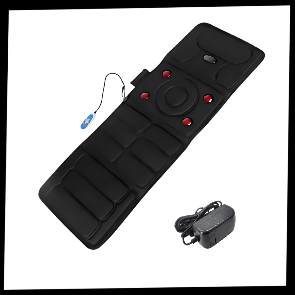 Este é um colchão de massagem terapêutica da Ozerty France para relaxamento corporal total, preto, com tecnologia de terapia térmica.