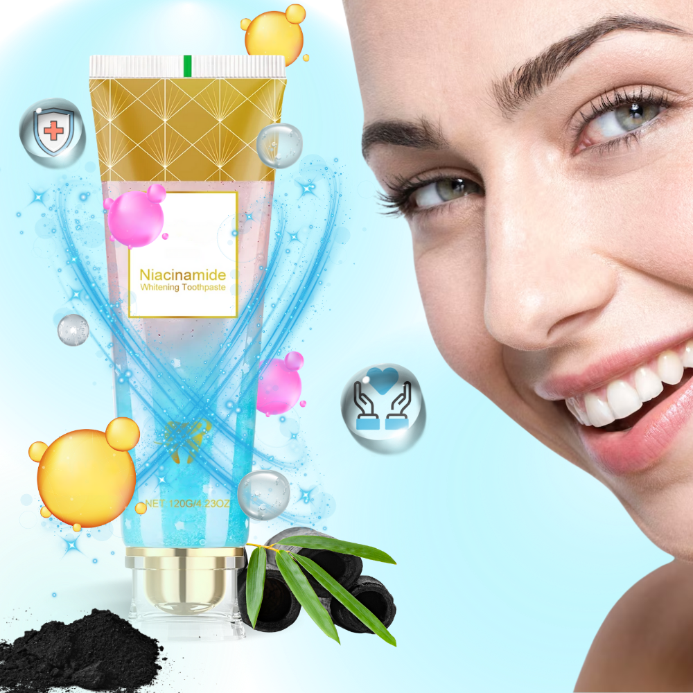 Dentifrígio Ozerty France para cuidados bucais com Niacinamida, 120g, com ação branqueadora e proteção dental.