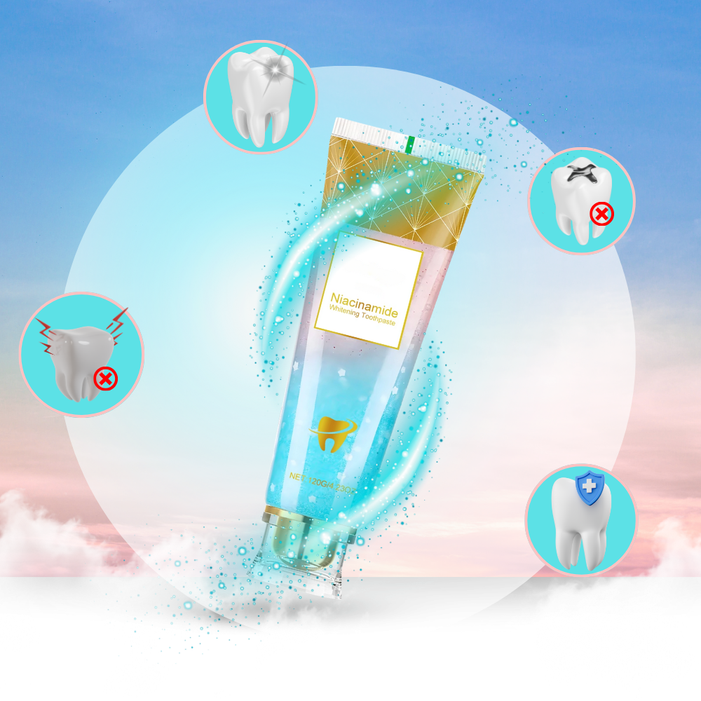 Dentifício Ozerty France para cuidados bucais com Niacinamida, 120g, pasta dental branquedora e revitalizante.