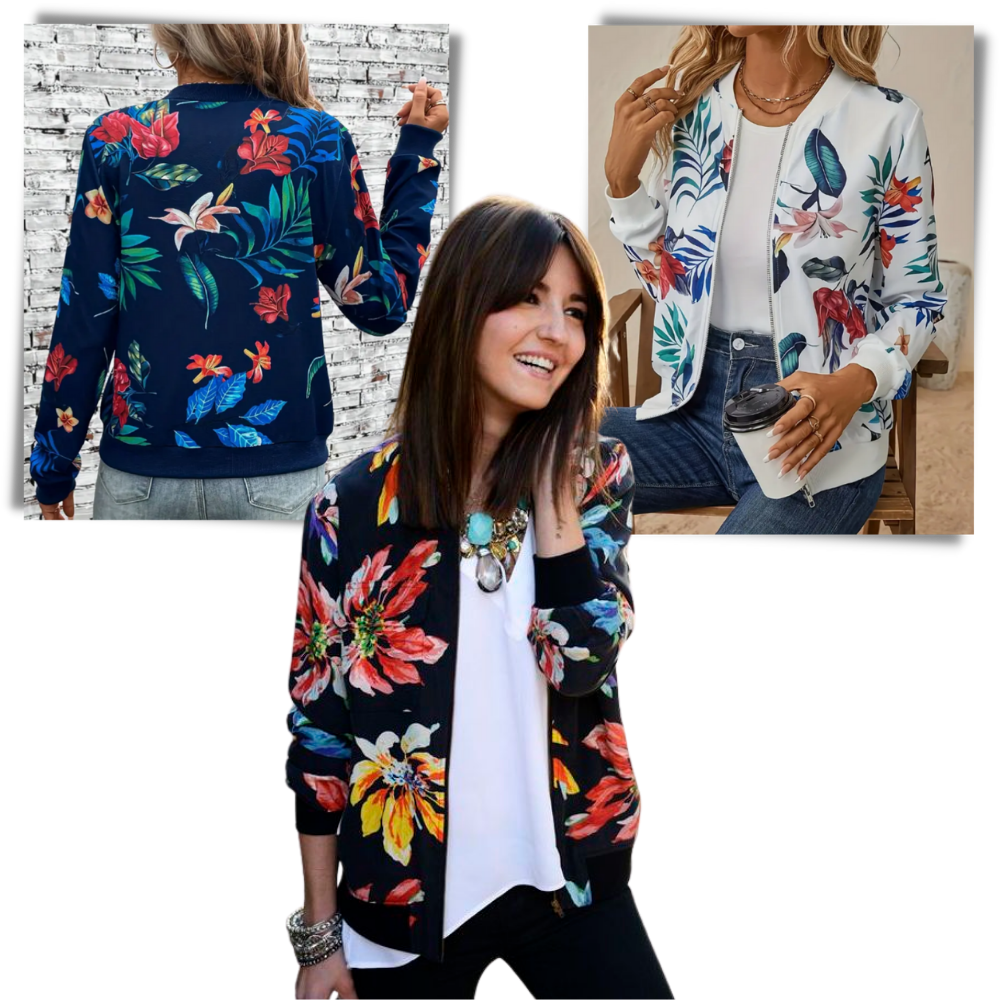 Blusão bomber floral da Ozerty France para roupas de exterior, com mangas longas e estampa de flores brancas.