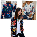 Blusão bomber floral da Ozerty France para roupas de exterior, com mangas longas e estampa de flores brancas.