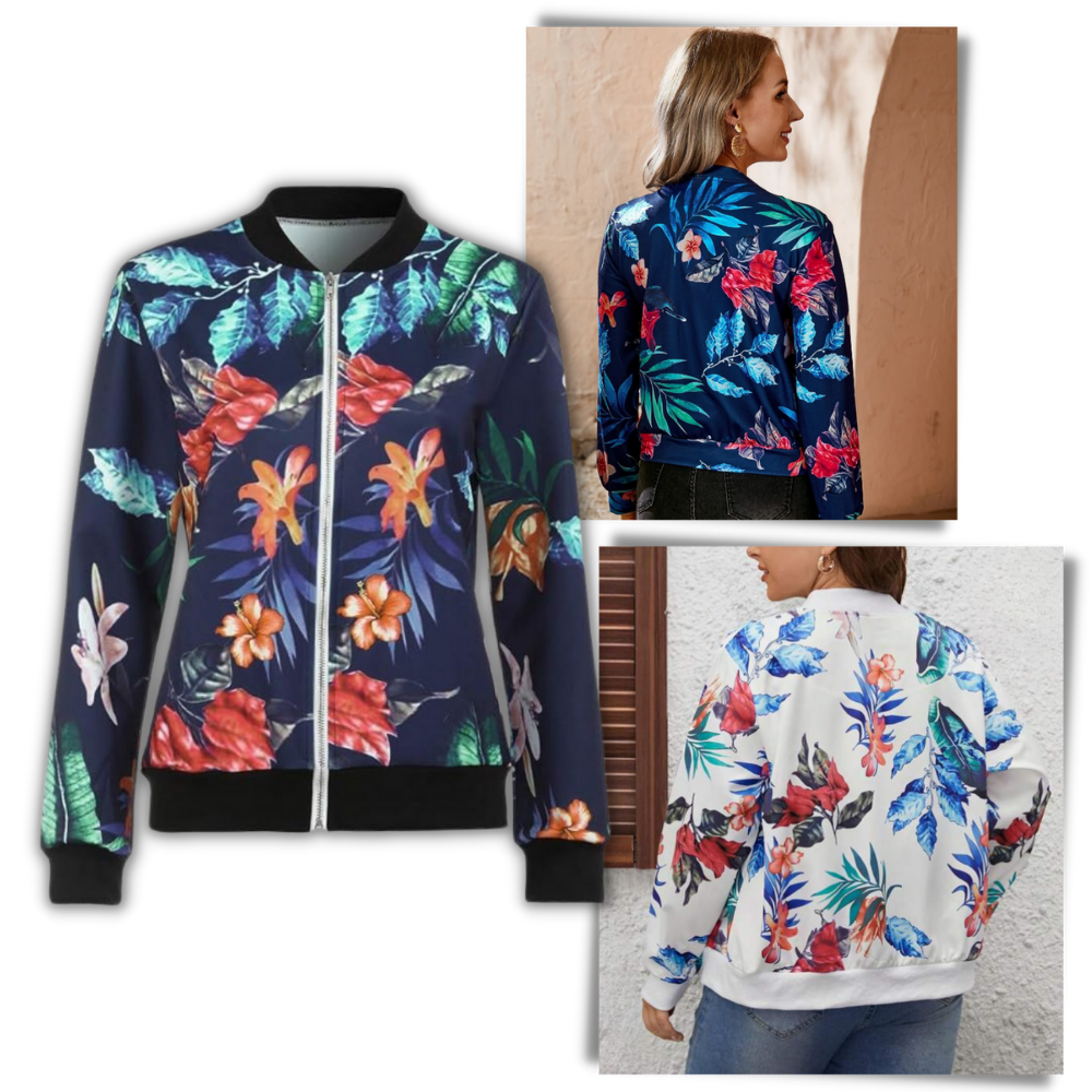 Blusão bomber floral da Ozerty França, de manga longa, ideal para roupas de exterior, com estampa colorida.