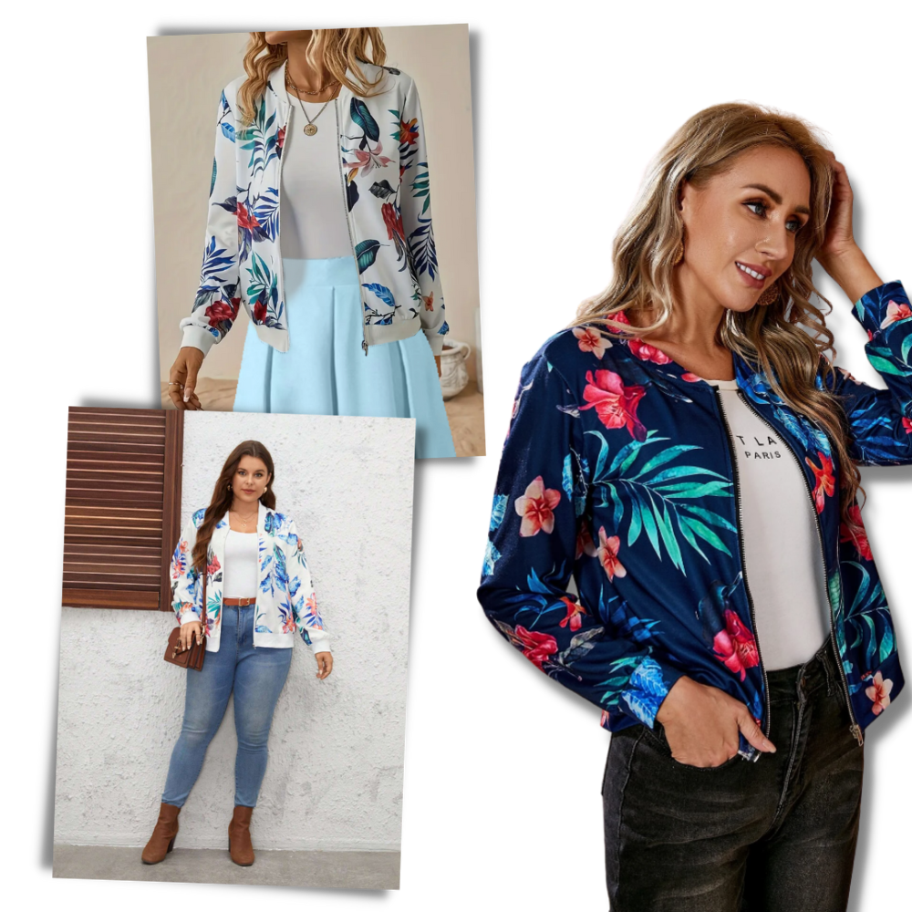 Blouson bomber à fleurs à manches longues de Ozerty France, vêtement de plein air blanc avec motif floral élégant.