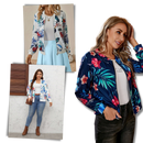 Blouson bomber à fleurs à manches longues de Ozerty France, vêtement de plein air blanc avec motif floral élégant.