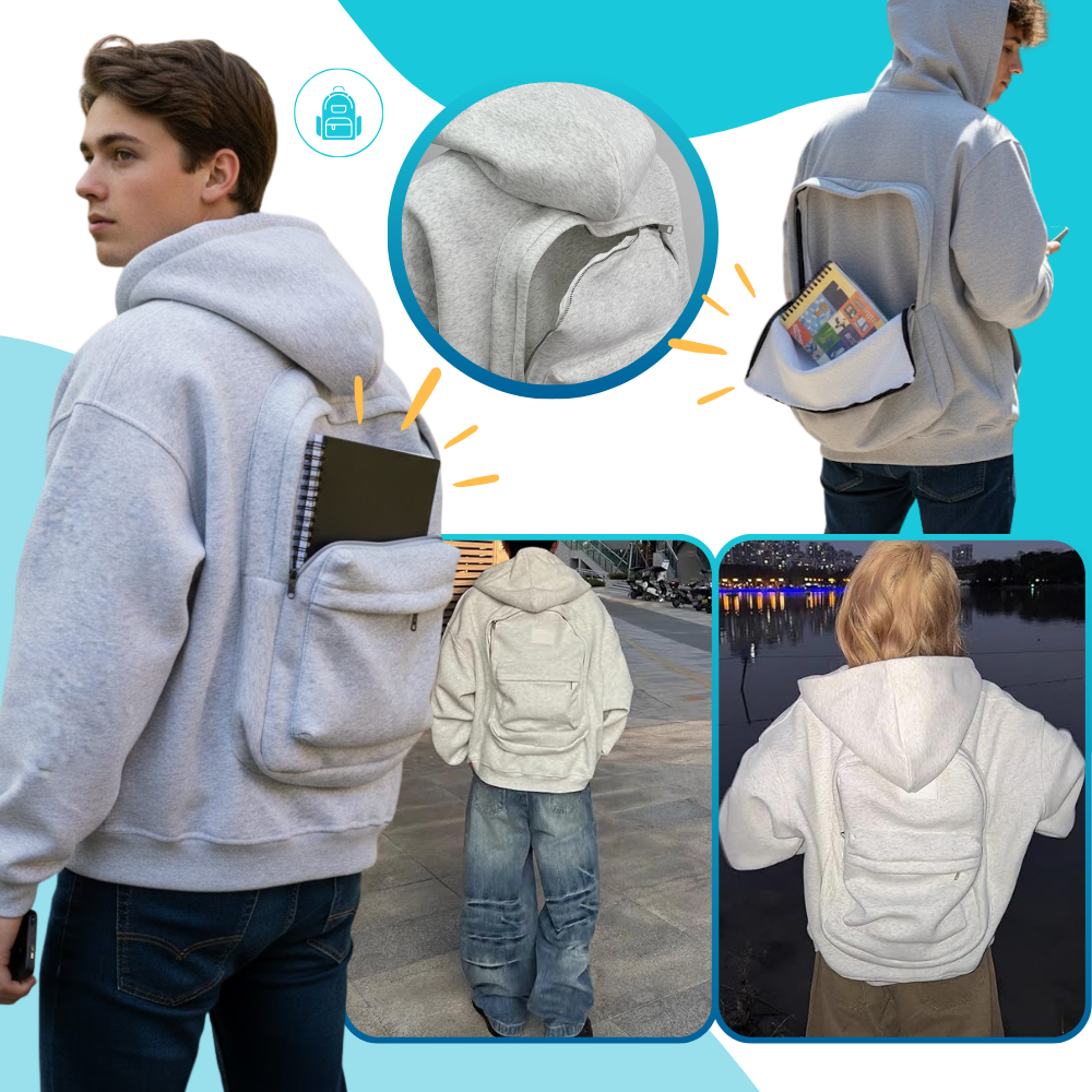 Moletom cinza da Ozerty France com capuz e bolso, com mochila integrada, ideal para roupas de outdoor e atividades ao ar livre.