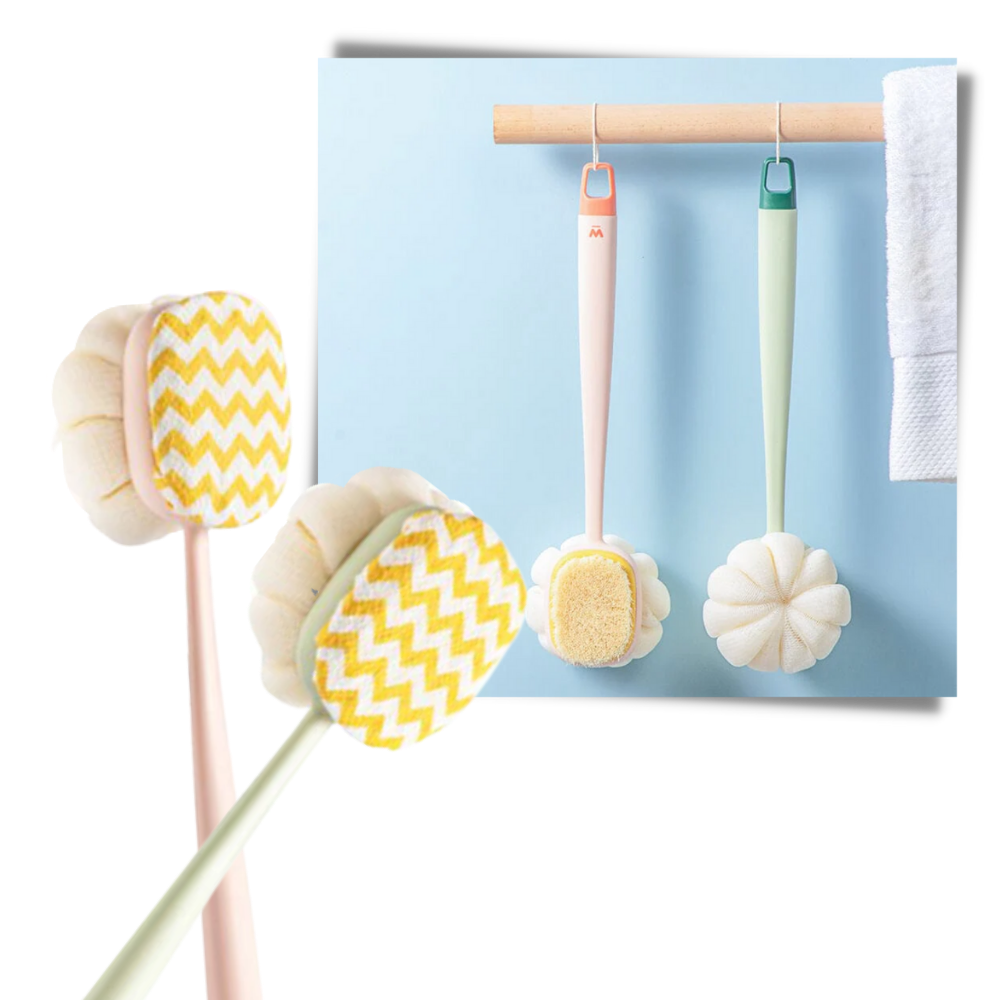 Escova de banho exfoliante para o corpo da marca Pakainn, com cerdas de nylon rosa para limpeza e renovação da pele.