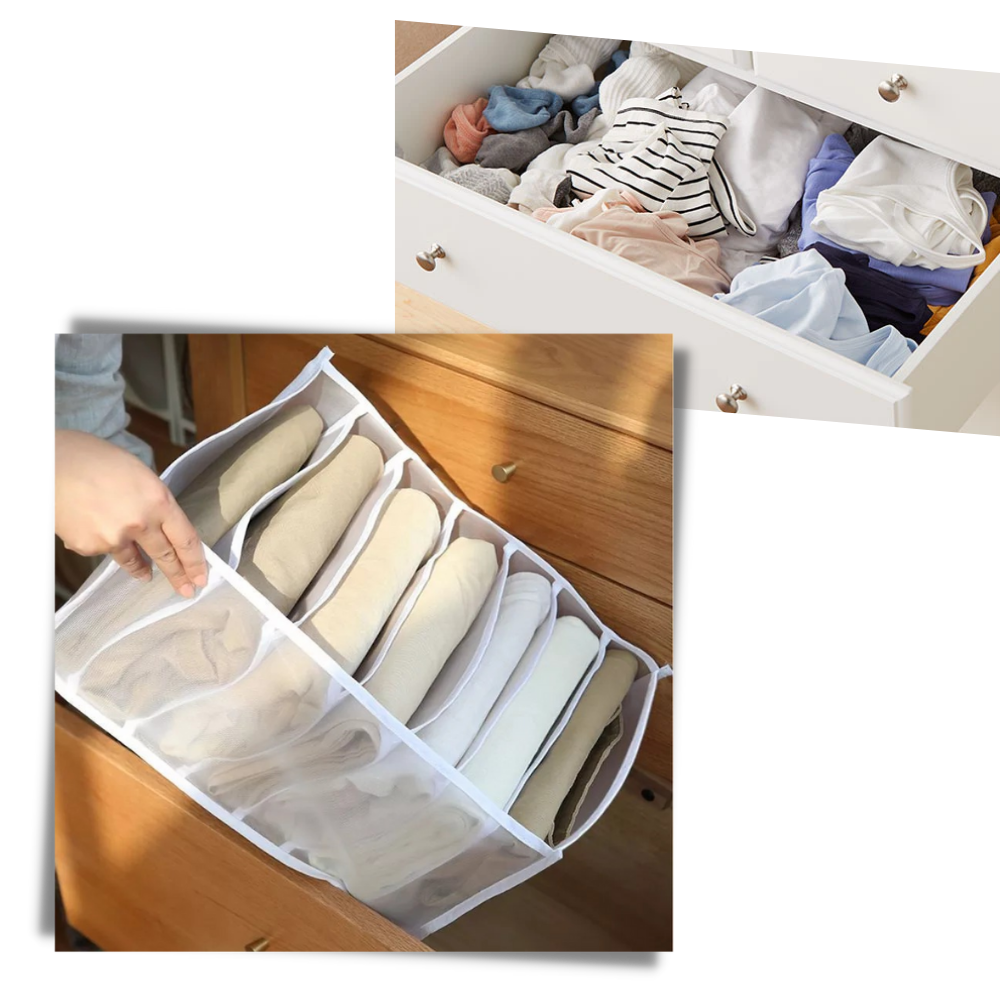 Organizador de roupas em malha Pakewalm para calcinhas, meias e acessórios, com 7 compartimentos para organização eficiente.