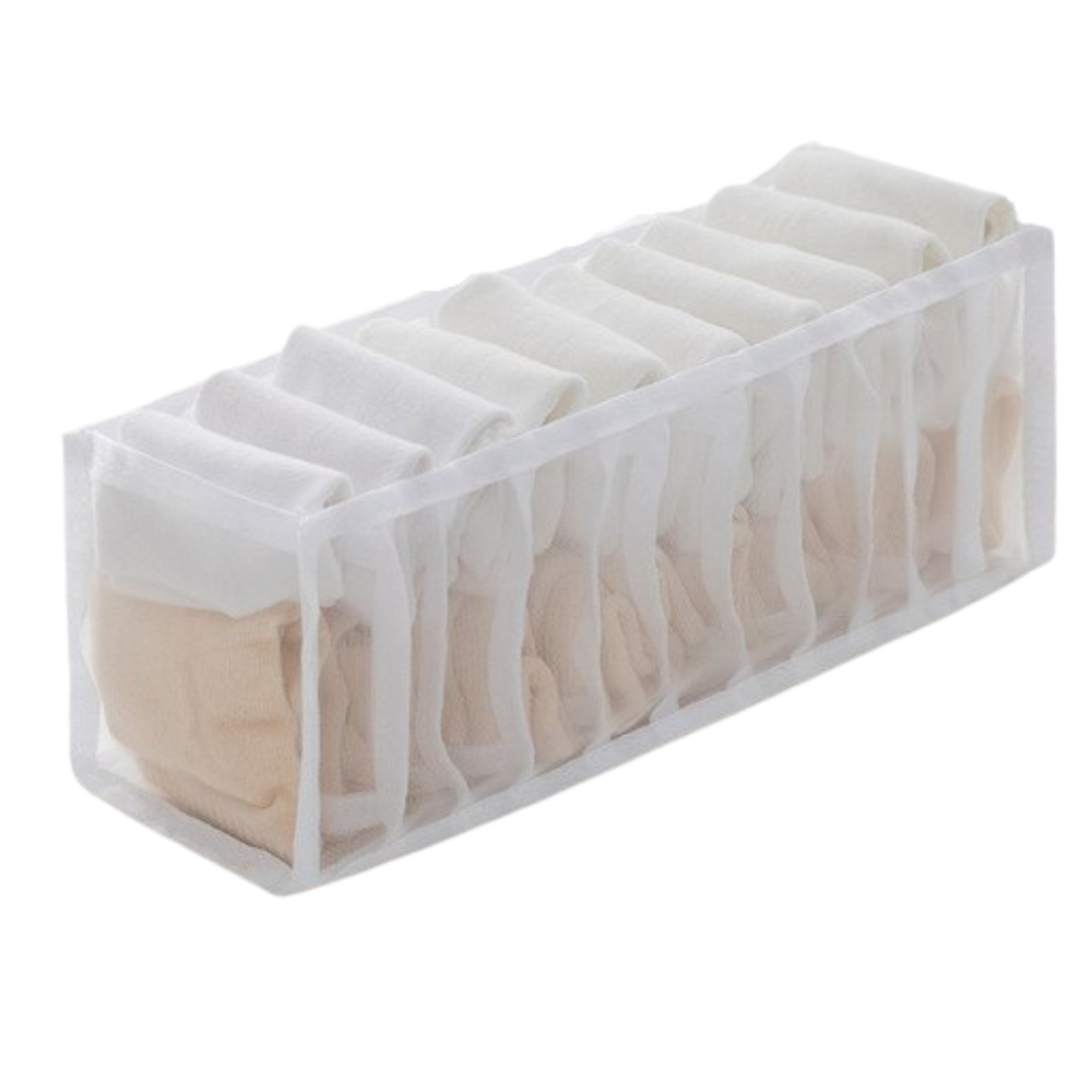 Organizador de roupas em malha da Pakewalm com sete compartimentos para roupas íntimas e acessórios, ideal para organização.
