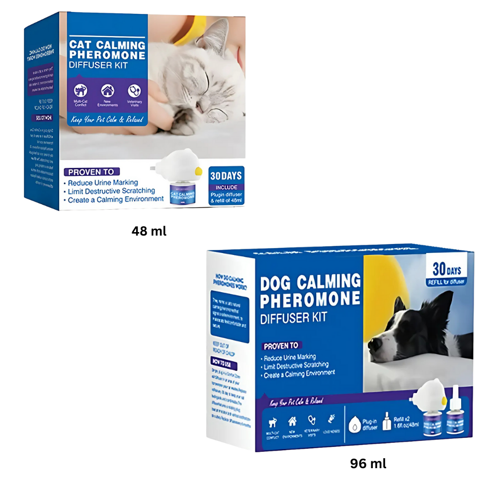 Difusor de feromônios Yubatuo para cães, acessório relaxante com design que mostra as dimensões do produto.