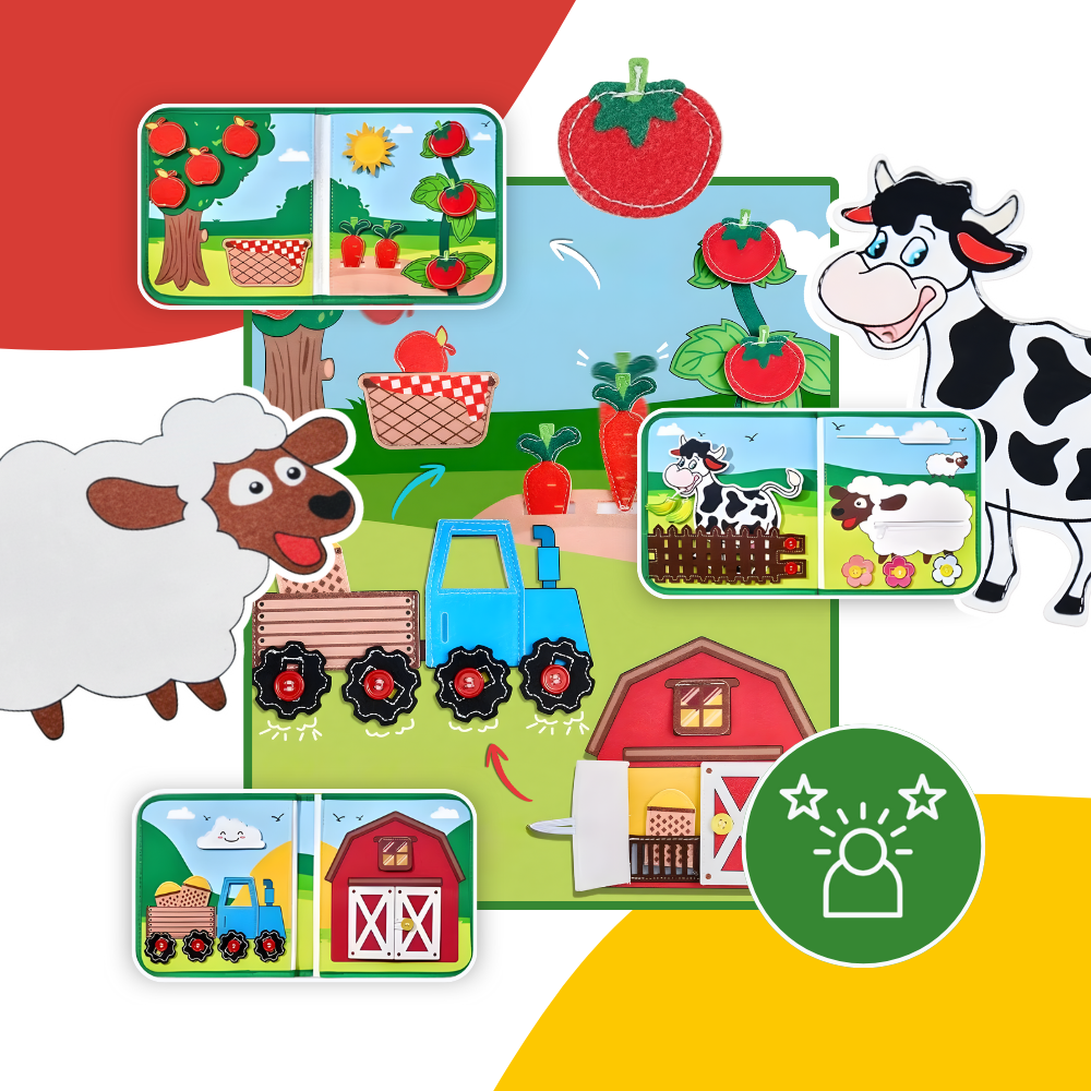 Livro interativo de velcro da Pearoft com tema de fazenda, brinquedo educativo de tecido para crianças.
