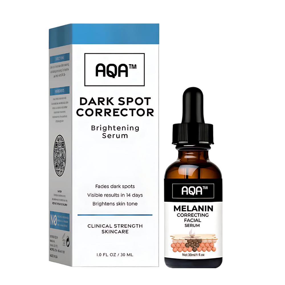 Serum facial corretor não oleoso à melanina da Pecoda, frasco com conta-gotas e rótulo na embalagem de cosméticos.